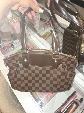 Brown Checkered Shoulder Bag with Double Handles